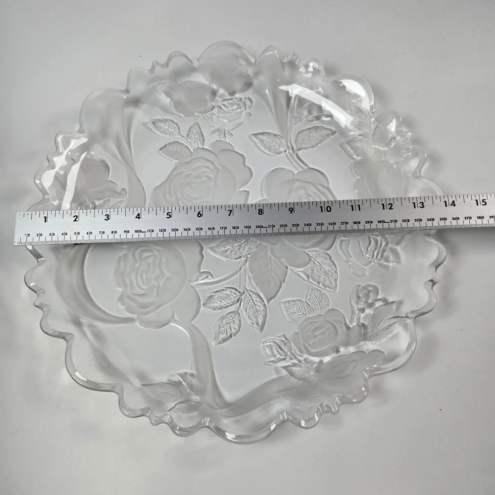 Laura Glass Rose Garden Platter 14 inch Clear Frosted Floral Serving Tray